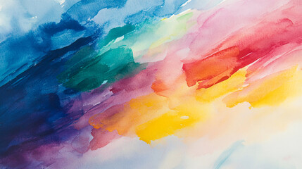 Fototapeta premium Colorful abstract watercolor painting with flowing hues of blue, green, pink, and yellow, symbolizing creativity, emotion, and the blend of colors in artistic expression.
