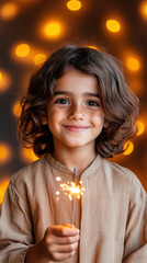 Diwali celebration with joyful child holding sparkler in festive atmosphere