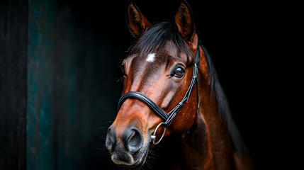 Chestnut horse portrait, stable background, equestrian