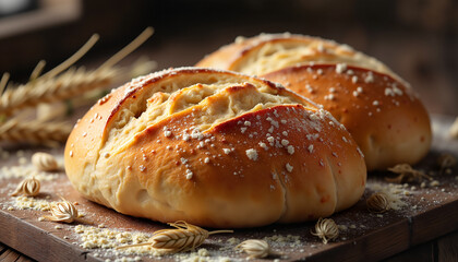 Freshly baked bread in rustic kitchen, warmth and comfort