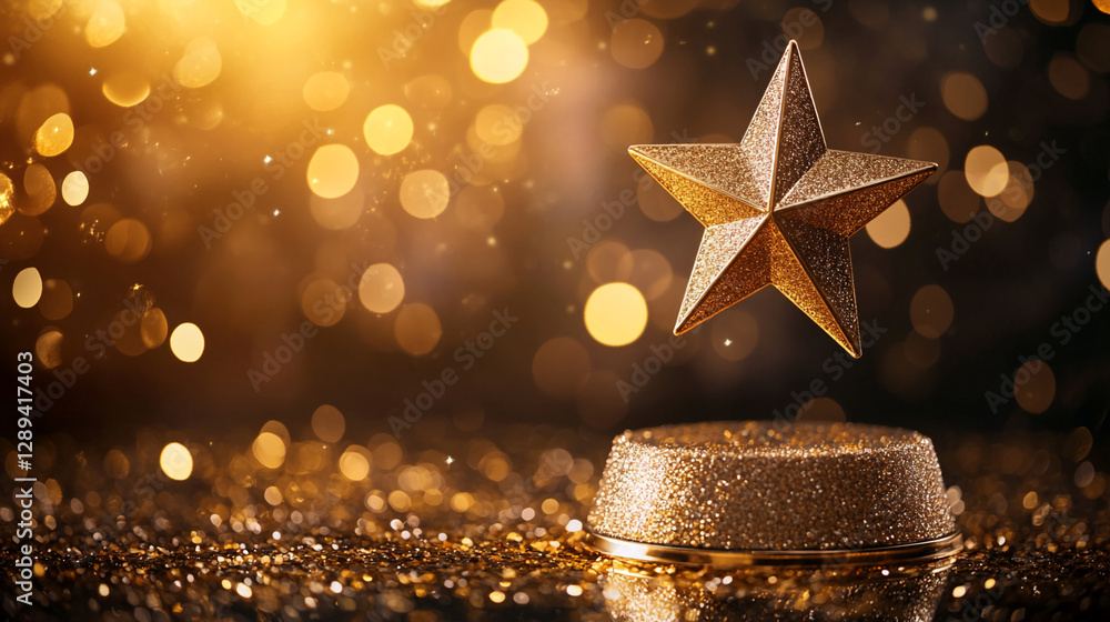 Poster a golden star trophy on a glittering base with a sparkling bokeh background, symbolizing success, ac