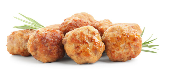 Pile of delicious meatballs and rosemary isolated on white