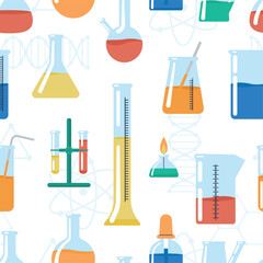Obraz premium Chemistry tools seamless pattern. Laboratory equipment, glass tubes and measuring cups. Medical, physical, pharmaceutics research. Lab vector background