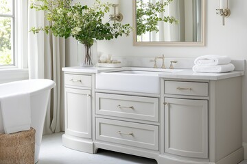 Fototapeta premium Elegant bathroom interior featuring a stylish vanity, fresh flowers, and a serene atmosphere, showcasing modern design and comfort, home decor concept
