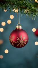 Festive christmas red ornament with golden snowflake design for holiday decoration