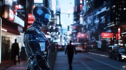 Obraz premium Futuristic Nighttime Cityscape with Predictive Security Analytics Technology