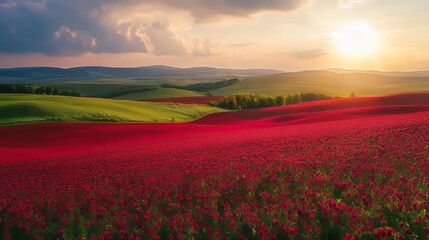 Vibrant red clover fields blooming on the hills of slovakia under soft sunset light