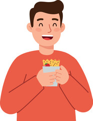 Happy young man in a red sweater joyfully holding a container of delicious fries in a flat vector illustration