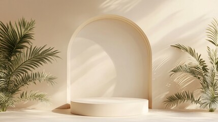 A neutral palm frond themed minimalistic stage for showcasing products