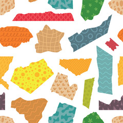 Colorful paper sheets with torn edges seamless pattern. Decorative abstract backdrop, fabric wallpaper wrapping website print, vector background