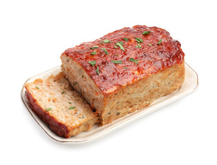 Delicious baked turkey meatloaf isolated on white