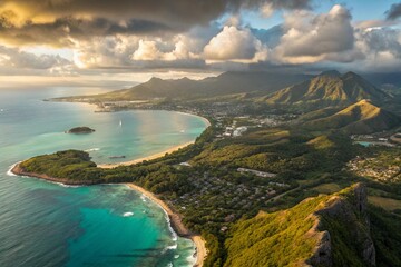 Aerial view of a coastal city with turquoise waters and golden light over the lush green hills, showcasing the beautiful landscape during sunset