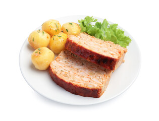 Delicious baked turkey meatloaf, potatoes and lettuce isolated on white