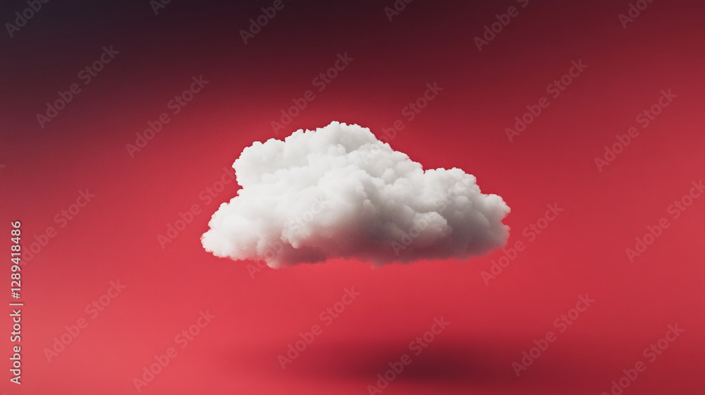 Poster a fluffy white cloud floating in a vibrant red background, symbolizing calmness, creativity, and sur
