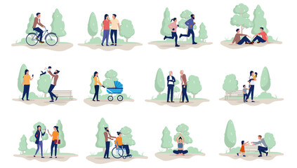 People outdoors vector collection - Set of illustration with various illustration characters in public park or nature doing recreational activities like walking, jogging, playing, biking and talking