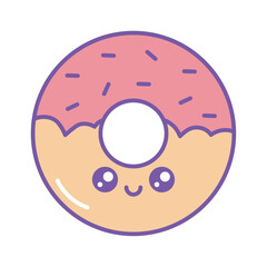 Cute vector illustration of a kawaii donut with pink frosting, sprinkles, and a smiling face, outlined in purple, perfect for sweet snack or dessert-themed designs