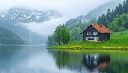 Fototapeta premium Mountain lake house mist reflection scenic
