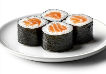 Freshly Made Salmon Sushi Rolls on a White Plate Ready to Be Served for Delightful Culinary Experience and Exotic Japanese Cuisine Enthusiasts