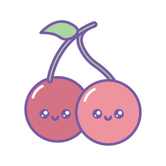 Cute vector illustration of a pair of kawaii cherries with smiling faces, green leaf and purple outline, perfect for fruit, dessert, or adorable food-themed designs