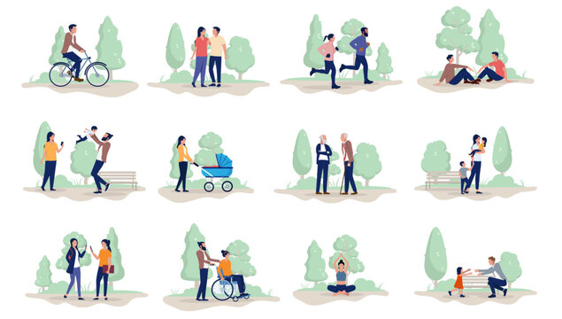 People outdoors vector collection - Set of illustration with various illustration characters in public park or nature doing recreational activities like walking, jogging, playing, biking and talking