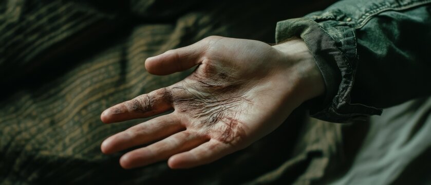 Weathered hand with cracks and calluses rests against a textured fabric, a testament to hard work and resilience.