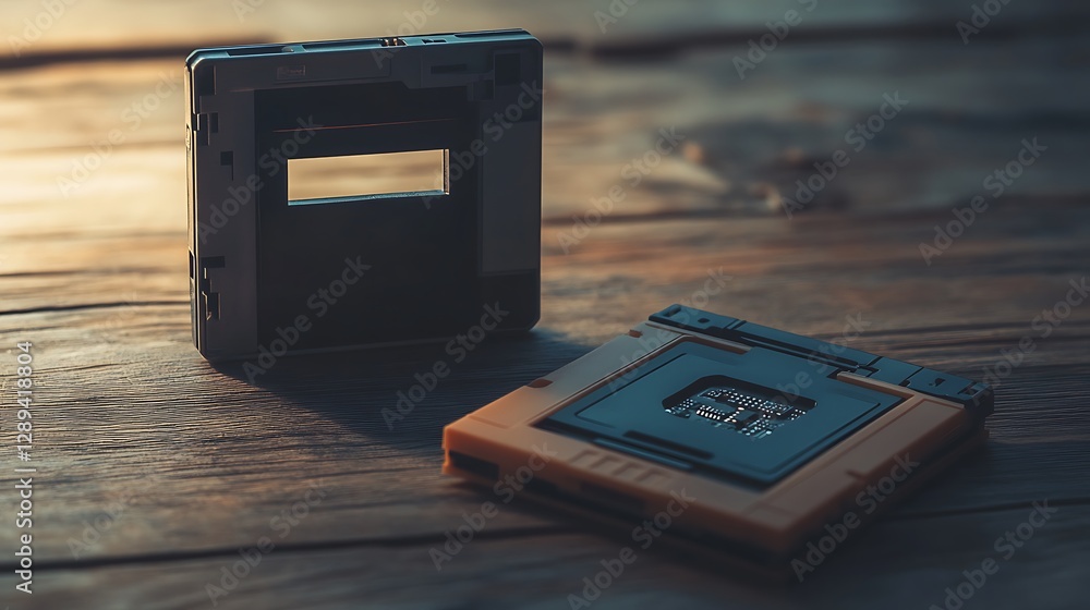 Poster examining computer cpu sockets on wood surface for technology concept