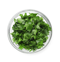 Chopped parsley in bowl isolated on white, top view