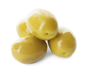 Delicious marinated green olives isolated on white