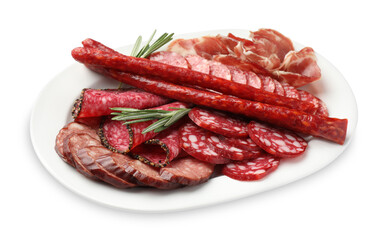 Different smoked sausages slices isolated on white