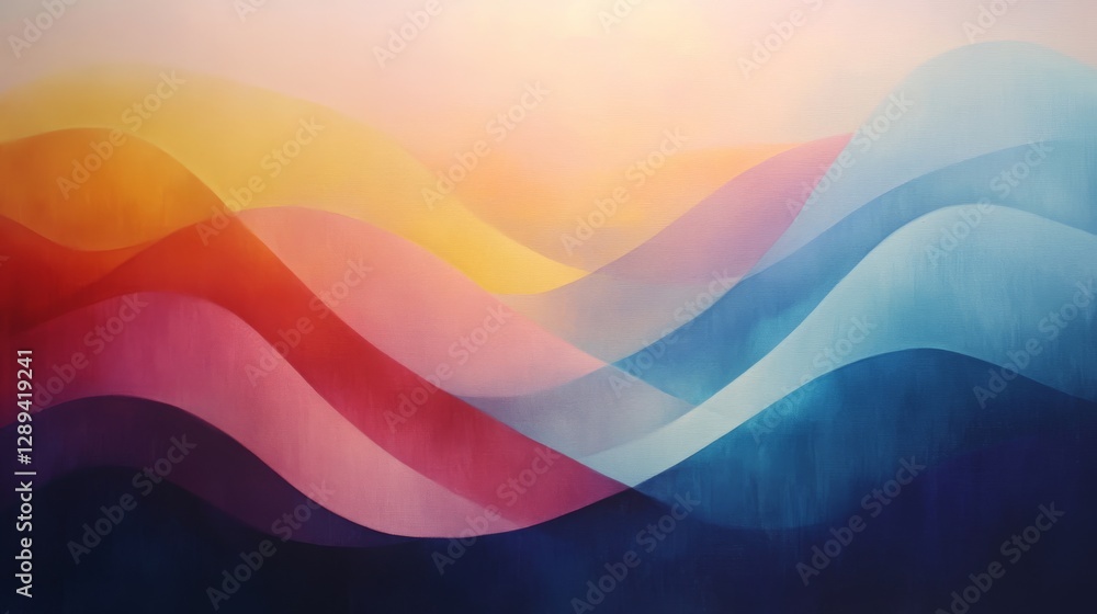 Poster abstract depiction of colorful wave shapes overlapping in the background