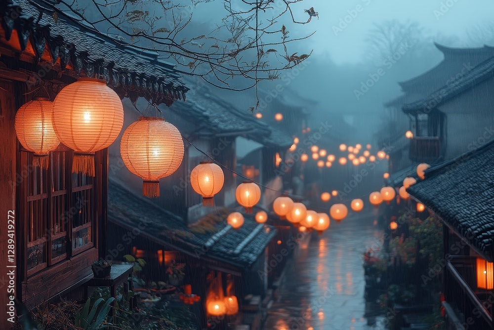 Poster Soft glow of lanterns illuminates a misty pathway in an ancient village at twilight creating a tranquil and mysterious atmosphere