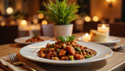 Elegant feijoada presentation in upscale restaurant setting, culinary delight
