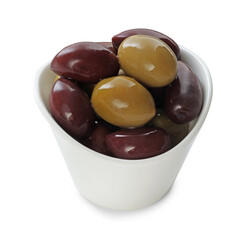 Delicious marinated olives in bowl isolated on white
