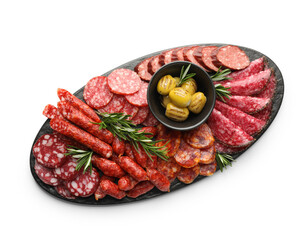 Different smoked sausages and other snacks isolated on white