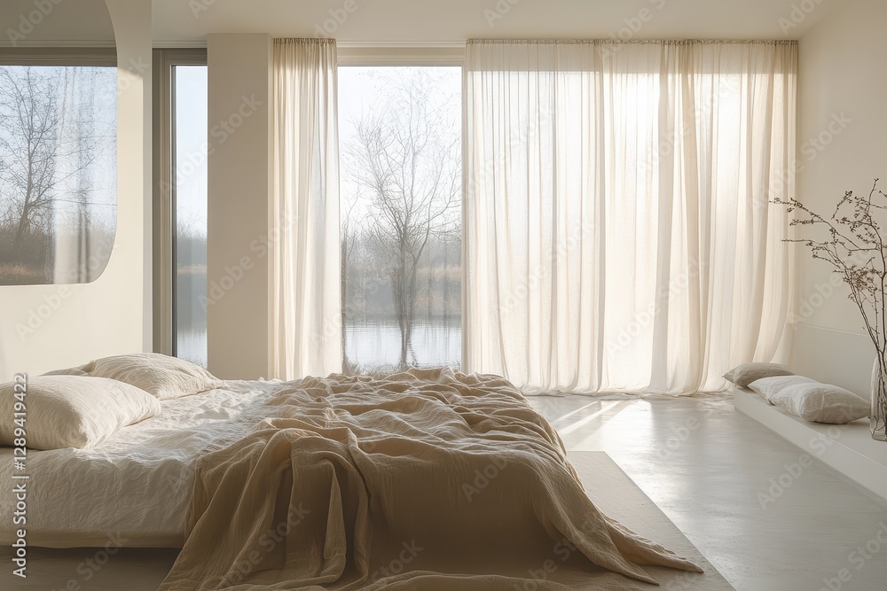 Poster relaxing bedroom with soft sunlight filtering through sheer curtains in a modern home setting
