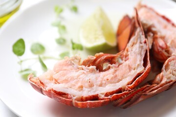 Delicious boiled lobster served on white table, closeup