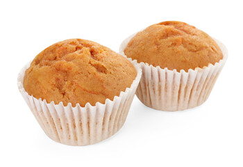 Tasty sweet carrot muffins isolated on white