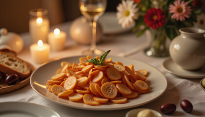 Elegant lukanka platter on candlelit table, romantic dinner setting
