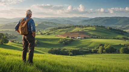 senior man with a backpack enjoys a breathtaking view of rolling green hills and distant mountains, reflecting a sense of adventure and the beauty of nature