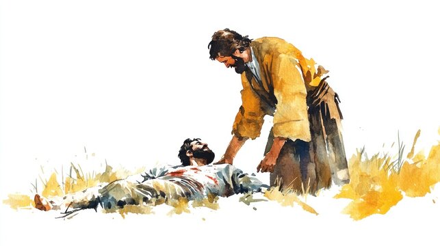 The Parable of the Good Samaritan with the Samaritan helping the injured man, illustrated in watercolor style on a pure white background.
