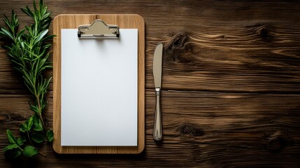 Blank menu clipboard, rustic wood, herbs, knife