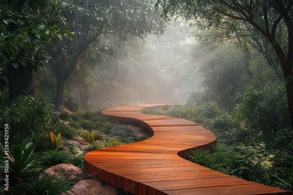 Poster lush green pathway through a misty forest filled with ferns on an early summer morning in a tranquil