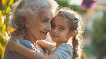 Heartfelt moments shared between a grandmother and her granddaughter during a joyful family celebration in a lovely outdoor setting