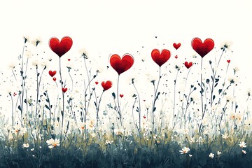 A field of love: Red hearts among wildflowers.