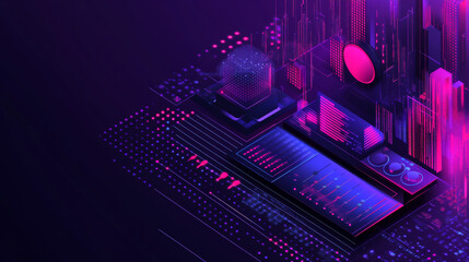Isometric neon music banner with a graphic equalizer, data visualization elements, and a gradient ultraviolet vector illustration