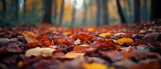 A forest floor carpeted with vivid autumn leaves, offering a vibrant display of nature’s transitional beauty amid towering trees.