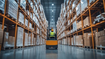 Modern warehouse featuring organized boxes and a worker operating a forklift while moving a pallet in a clean and industrial environment