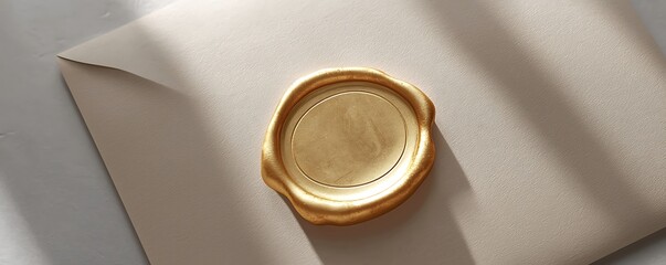 A gold wax stamp mockup displayed on a paper envelope, viewed from above in a 3D-rendered design, symbolizing vintage elegance