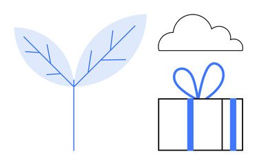 Leaf with blue veins, outlined cloud, and gift box with a blue bow. Ideal for nature, weather, celebration, gifts, environment simplicity minimalist design. Line metaphor
