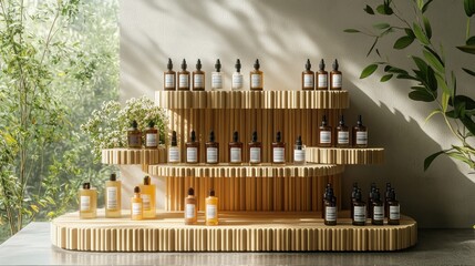 Naklejka premium Eco-friendly cosmetics on a bamboo-textured 3D display.